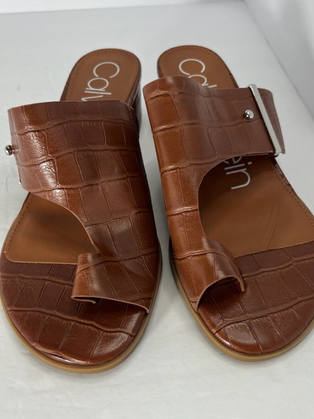 NWOT Calvin Klein Brown Daria Croc Toe Loop Buckle Block Heel Sandal size 7 - Picture 4 of 13